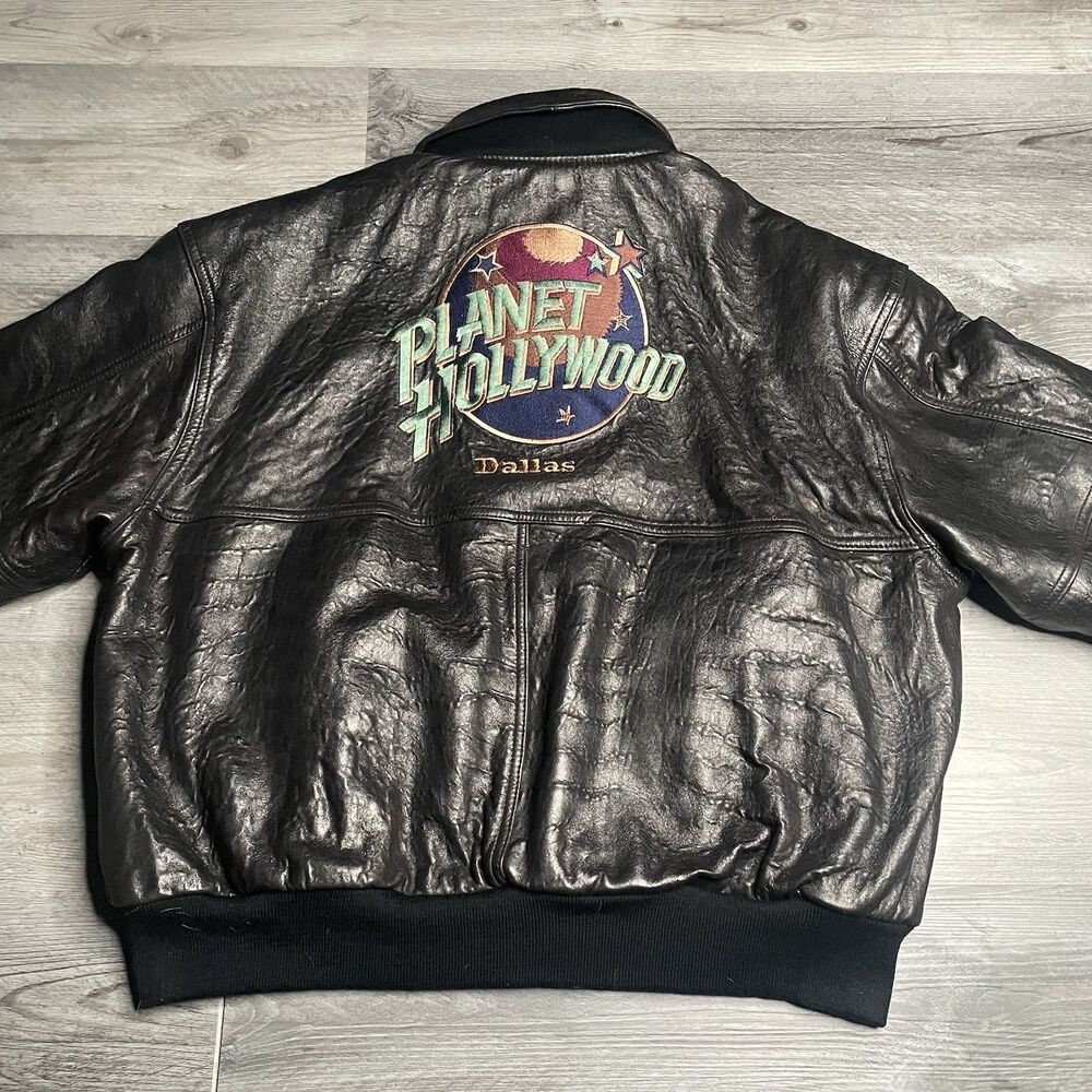 Vtg 90s Planet Hollywood Dallas Leather Reversible Bomber Jacket Men's XL Black
